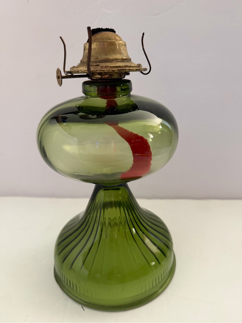 Vintage Olive Green Glass Oil Lamp 10”